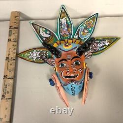 Mexican Folk Art Carved 16 Inch Wood Horned Devil Mask Decoration