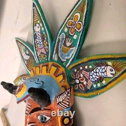 Mexican Folk Art Carved 16 Inch Wood Horned Devil Mask Decoration