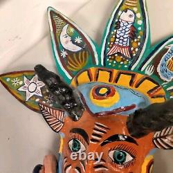 Mexican Folk Art Carved 16 Inch Wood Horned Devil Mask Decoration