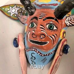Mexican Folk Art Carved 16 Inch Wood Horned Devil Mask Decoration