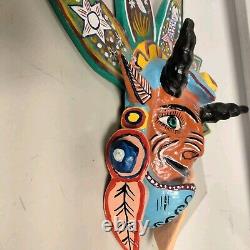 Mexican Folk Art Carved 16 Inch Wood Horned Devil Mask Decoration