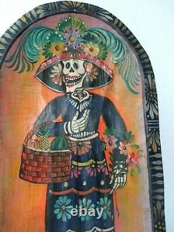 Mexican Folk Art Carved Wood Batea Dough Bowl Catrina Day of Dead 24