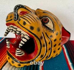 Mexican Folk Art Carved Wood Jaguar Leopard Cat Head Lion Face Mask Guerrero 9