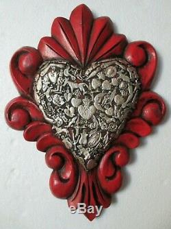 Mexican Folk Art Carved Wood Wall Heart Milagro Prayer Charm Ex Voto 12