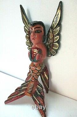 Mexican Folk Art Carved Wood Wall Mermaid Angel Guerrero Nautical Decor 17