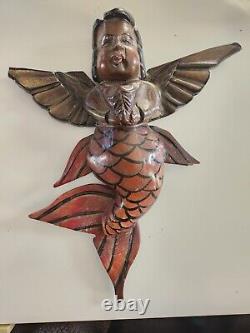 Mexican Folk Art Carved Wood Winged Mermaid Angel Guerrero Nautical 17 Cryptid