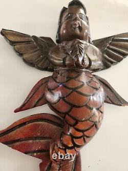 Mexican Folk Art Carved Wood Winged Mermaid Angel Guerrero Nautical 17 Cryptid