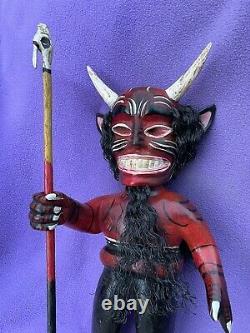 Mexican Folk Art Fantastic Carved Wood Devil Man With Bird-Headed Staff