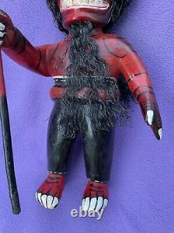 Mexican Folk Art Fantastic Carved Wood Devil Man With Bird-Headed Staff