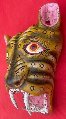 Mexican Folk Art Huge Extraordinary Vintage Carved Jaguar Mask From Guerrero
