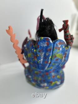 Mexican Folk Art Mermaid with Saxophone Hand Carved Painted And Signed