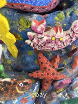 Mexican Folk Art Mermaid with Saxophone Hand Carved Painted And Signed
