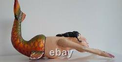 Mexican Folk Art Wooden Mermaid hand carved, 31 l x 20 h, 20+ years old