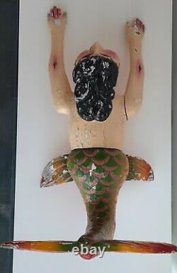 Mexican Folk Art Wooden Mermaid hand carved, 31 l x 20 h, 20+ years old