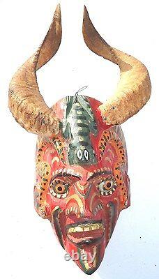 Mexican Folks Art old Carved Wood Devil Diablo Mask with Ram Horns & glass eyes