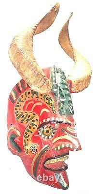 Mexican Folks Art old Carved Wood Devil Diablo Mask with Ram Horns & glass eyes