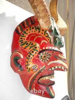 Mexican Folks Art old Carved Wood Devil Diablo Mask with Ram Horns & glass eyes