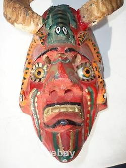 Mexican Folks Art old Carved Wood Devil Diablo Mask with Ram Horns & glass eyes