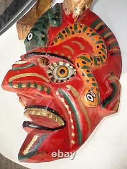 Mexican Folks Art old Carved Wood Devil Diablo Mask with Ram Horns & glass eyes