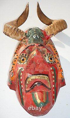 Mexican Folks Art old Carved Wood Devil Diablo Mask with Ram Horns & glass eyes