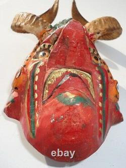 Mexican Folks Art old Carved Wood Devil Diablo Mask with Ram Horns & glass eyes