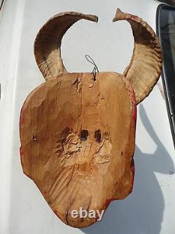 Mexican Folks Art old Carved Wood Devil Diablo Mask with Ram Horns & glass eyes