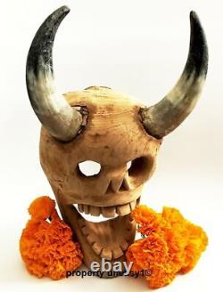 Mexican Guerrero Folk Art Carved Wood 22 Tzompantli Bull Horn Diablo Mask