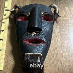 Mexican Hand Carved Wood Diablo Devil Mask with Horns Authentic Vintage Folk Art