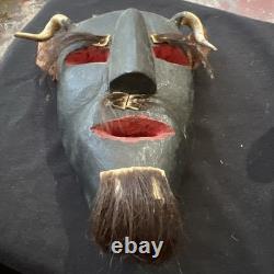 Mexican Hand Carved Wood Diablo Devil Mask with Horns Authentic Vintage Folk Art