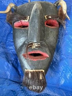 Mexican Hand Carved Wood Diablo Devil Mask with Horns Authentic Vintage Folk Art