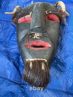 Mexican Hand Carved Wood Diablo Devil Mask with Horns Authentic Vintage Folk Art