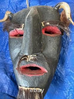 Mexican Hand Carved Wood Diablo Devil Mask with Horns Authentic Vintage Folk Art