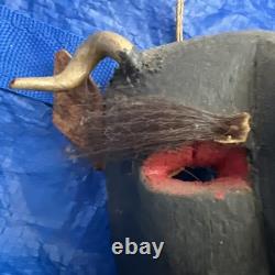 Mexican Hand Carved Wood Diablo Devil Mask with Horns Authentic Vintage Folk Art
