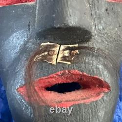 Mexican Hand Carved Wood Diablo Devil Mask with Horns Authentic Vintage Folk Art