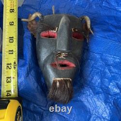 Mexican Hand Carved Wood Diablo Devil Mask with Horns Authentic Vintage Folk Art