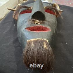 Mexican Hand Carved Wood Diablo Devil Mask with Horns Authentic Vintage Folk Art