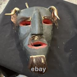 Mexican Hand Carved Wood Diablo Devil Mask with Horns Authentic Vintage Folk Art