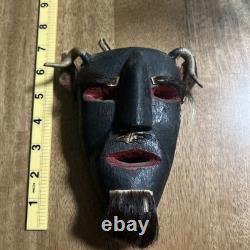 Mexican Hand Carved Wood Diablo Devil Mask with Horns Authentic Vintage Folk Art