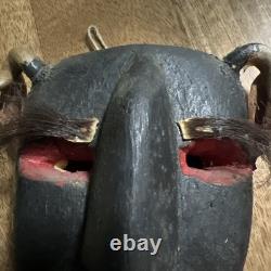 Mexican Hand Carved Wood Diablo Devil Mask with Horns Authentic Vintage Folk Art