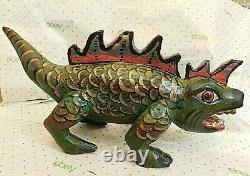 Mexican Polychrome Folk Art Hand Carved Painted Wooden Lizard Dragon Colorful