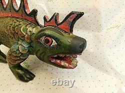 Mexican Polychrome Folk Art Hand Carved Painted Wooden Lizard Dragon Colorful