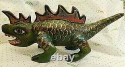 Mexican Polychrome Folk Art Hand Carved Painted Wooden Lizard Dragon Colorful