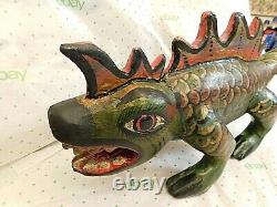 Mexican Polychrome Folk Art Hand Carved Painted Wooden Lizard Dragon Colorful