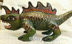 Mexican Polychrome Folk Art Hand Carved Painted Wooden Lizard Dragon Colorful