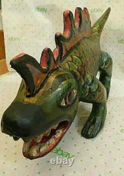 Mexican Polychrome Folk Art Hand Carved Painted Wooden Lizard Dragon Colorful