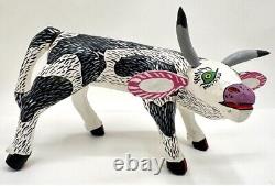 Mexican Wood Alebrije, Oaxacan Hand-Carved & Painted Cow 10x8 Signed