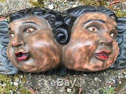 Mexican Wood Carved Cherub with Wings Folk Art Cherubs Double Cherub Faces