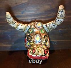 Mexican Wooden Mask Diablo Beast Bull Folk Art Horns Old Hand-Carved Halloween