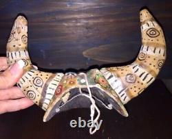 Mexican Wooden Mask Diablo Beast Bull Folk Art Horns Old Hand-Carved Halloween