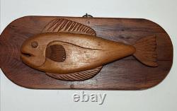 MidCentury Folk Art Lester Baker 1970 Hand Carved Whale Solid Wood Plaque Signed
